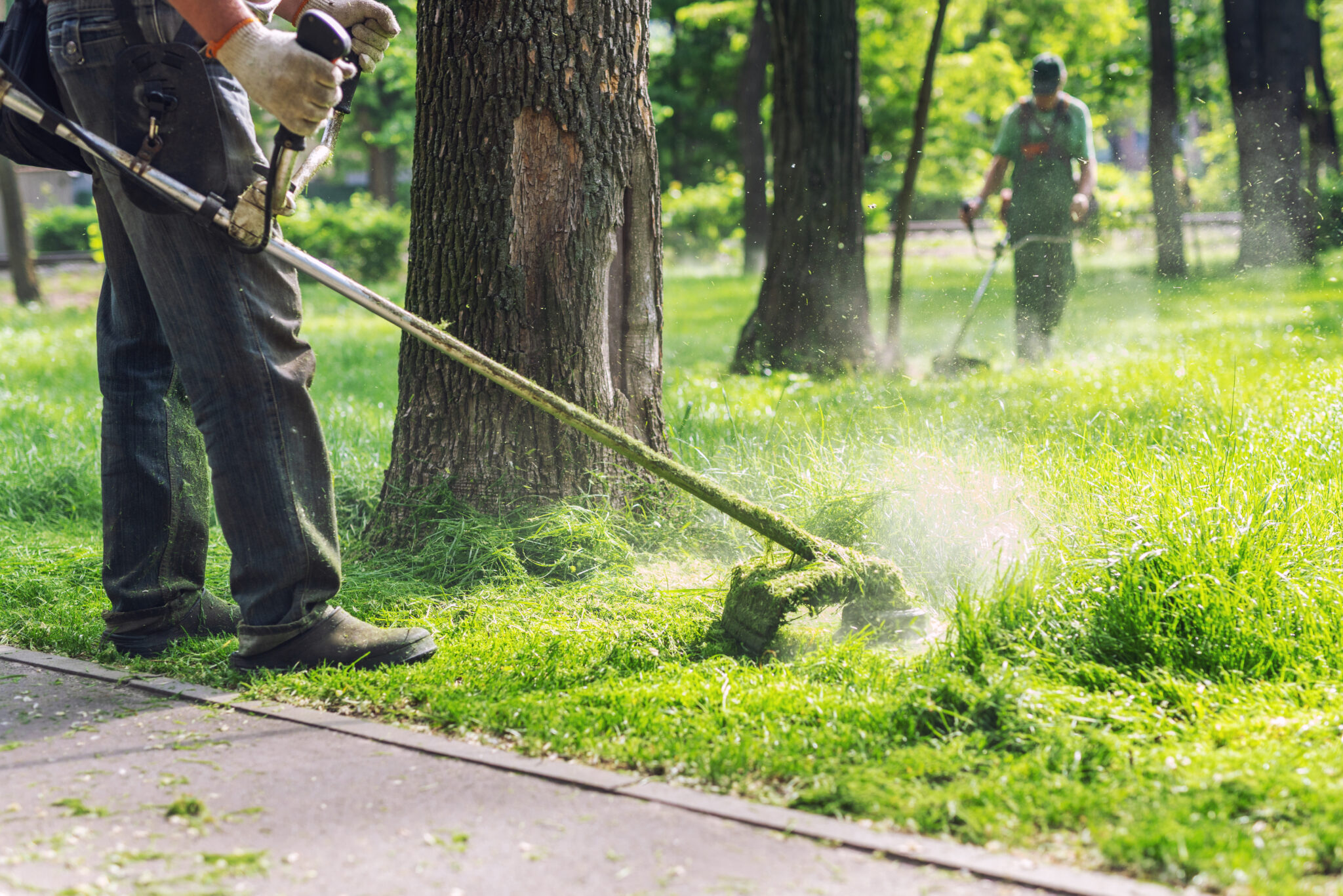 Worker Mowing Tall Grass With Electric Or Petrol Lawn Trimmer In City Park Or Backyard. Gardening Care Tools And Equipment. Process Of Lawn Trimming With Hand Mower Worker Mowing Tall Grass With Electric Or Petrol Lawn Trimmer In City Park Or Backyard. Gardening Care Tools And Equipment. Process Of Lawn Trimming With Hand Mower
